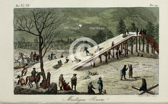 A roller coaster. Illustration from Il costume antico e moderno o storia del governo… by Giulio Ferrario, 1831. Artist: Giarrè, Luigi (1772-1844)