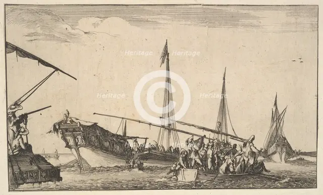 A rowboat full of men at right, a ship with men descending into a rowboat behind to left..., 1639. Creator: Stefano della Bella.