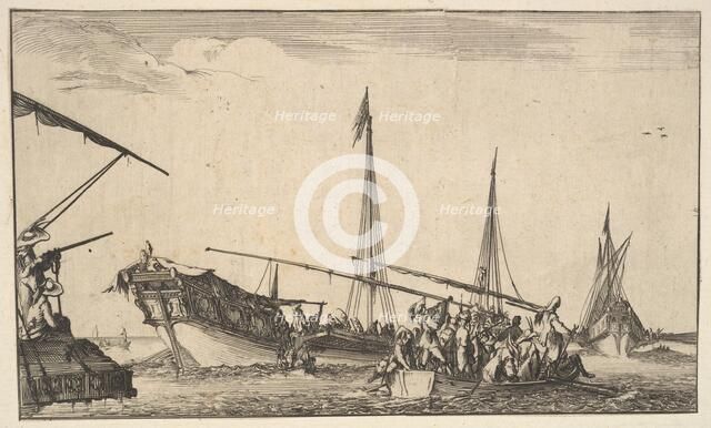 A rowboat full of men at right, a ship with men descending into a rowboat behind to left..., 1639. Creator: Stefano della Bella.