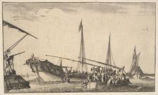 A rowboat full of men at right, a ship with men descending into a rowboat behind to left..., 1639. Creator: Stefano della Bella