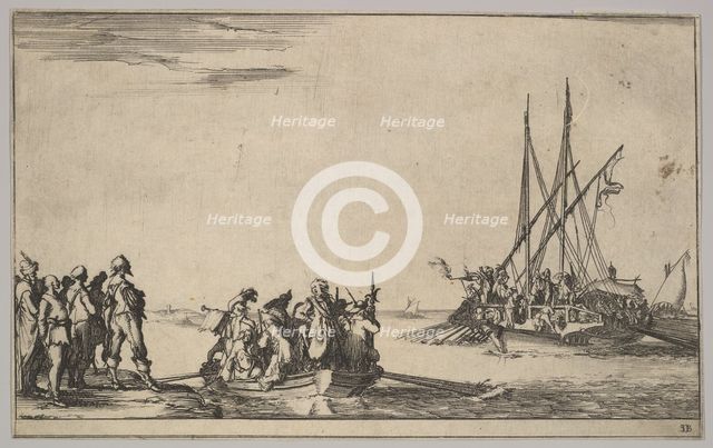 A rowboat full of men in center, a group of men standing on shore at left, a ship full of ..., 1639. Creator: Stefano della Bella.