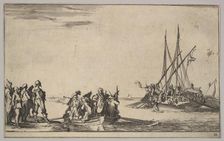 A rowboat full of men in center, a group of men standing on shore at left, a ship full of ..., 1639. Creator: Stefano della Bella