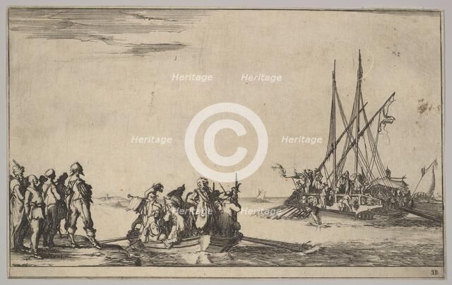 A rowboat full of men in center, a group of men standing on shore at left, a ship full of ..., 1639. Creator: Stefano della Bella.