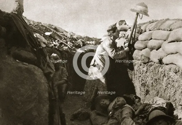 A Royal Irish Fusilier teases a Turkish sniper, Gallipoli, Turkey, World War I, c1915-c1916. Creator: Unknown.