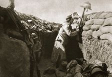 A Royal Irish Fusilier teases a Turkish sniper, Gallipoli, Turkey, World War I, c1915-c1916. Creator: Unknown