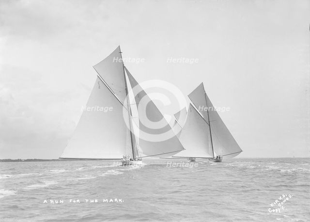 A run for the mark: the 19-metre class 'Octavia', 'Corona' & 'Mariquita', 1912. Creator: Kirk & Sons of Cowes.
