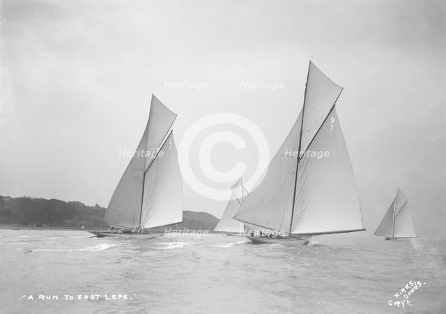 A Run to East Lepe: 'Ostara', 'Mariska', 'Corona' & 'Octavia', 1911. Creator: Kirk & Sons of Cowes.