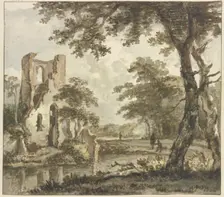 A ruin on the left by the water, a Anglers and two other figures, 18th century. Creator: Jan Hulswit
