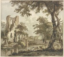 A ruin on the left by the water, a Anglers and two other figures, 18th century. Creator: Jan Hulswit