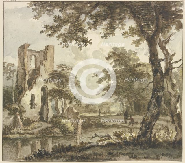 A ruin on the left by the water, a Anglers and two other figures, 18th century. Creator: Jan Hulswit.