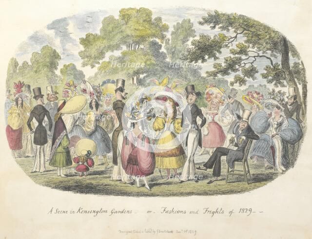 'A scene in Kensington Gardens, or fashion and frights of 1829', 1828, (29). Creator: George Cruikshank.
