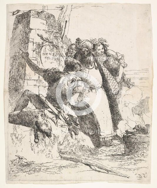 A scene of necromancy: a woman bearing a vessel, a turbaned man, and a soldier look..., ca. 1743-57. Creator: Giovanni Battista Tiepolo.