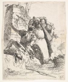 A scene of necromancy: a woman bearing a vessel, a turbaned man, and a soldier look..., ca. 1743-57. Creator: Giovanni Battista Tiepolo