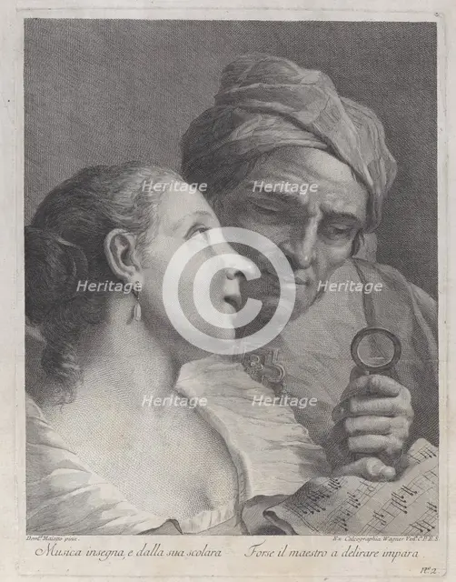 A schoolgirl and her music teacher looking at a sheet of music, 1725-80. Creator: Joseph Wagner.