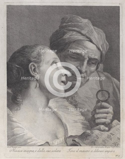 A schoolgirl and her music teacher looking at a sheet of music, 1725-80. Creator: Joseph Wagner.