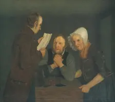 A Schoolmaster Reading Aloud a Letter to an Old Couple from Their Son Abroad, 1835. Creator: Moritz Unna
