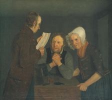 A Schoolmaster Reading Aloud a Letter to an Old Couple from Their Son Abroad, 1835. Creator: Moritz Unna