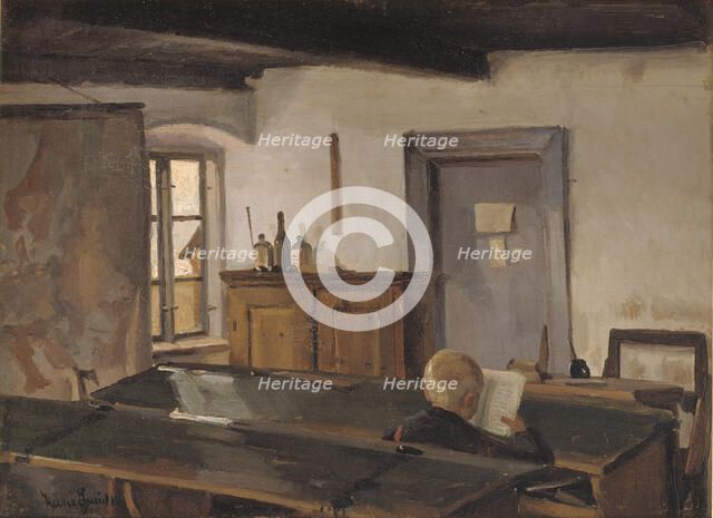 A schoolroom with a reading boy, 1854-1917.
 Creator: Hans Smidth.
