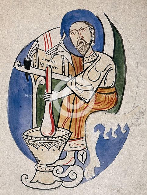 A scholar/apothecary mixing a concoction with a pestle and mortar and writing down the remedy... Creator: Unknown.