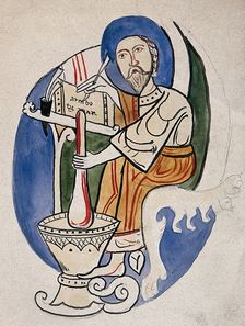 A scholar/apothecary mixing a concoction with a pestle and mortar and writing down the remedy... Creator: Unknown