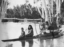 A Samoan canoe with outrigger, and its occupants, 1902. Artist: Kerry & Co