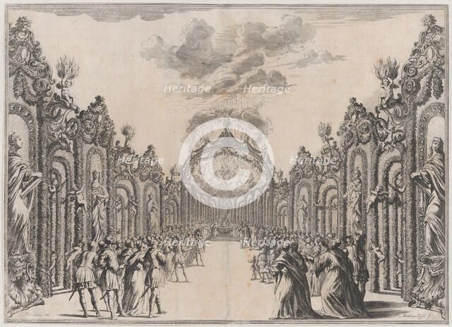 A sacrifice to the Olympian gods taking place at the end of a path lined with statues and ..., 1674. Creator: Mathäus Küsel.