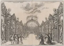 A sacrifice to the Olympian gods taking place at the end of a path lined with statues and ..., 1674. Creator: Mathäus Küsel