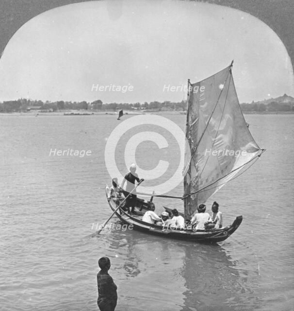 A sailing boat on the Irawaddy River, Burma, 1908. Artist: Stereo Travel Co