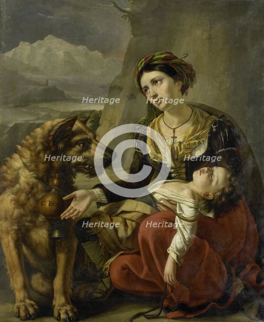 A Saint Bernard Dog Comes to the Aid of a lost Woman with a sick Child, 1827. Creator: Charles Picque.