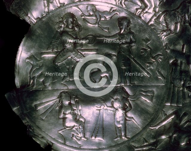 A Sassanid silver dish showing the investiture of a King. Artist: Unknown