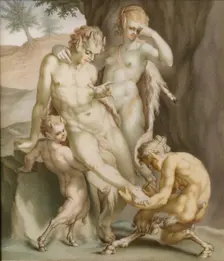 A satyr, a mean, and two fauns, busy pulling out a needle, 1713. Creator: Carl Gustav Klingstedt