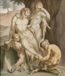 A satyr, a mean, and two fauns, busy pulling out a needle, 1713. Creator: Carl Gustav Klingstedt
