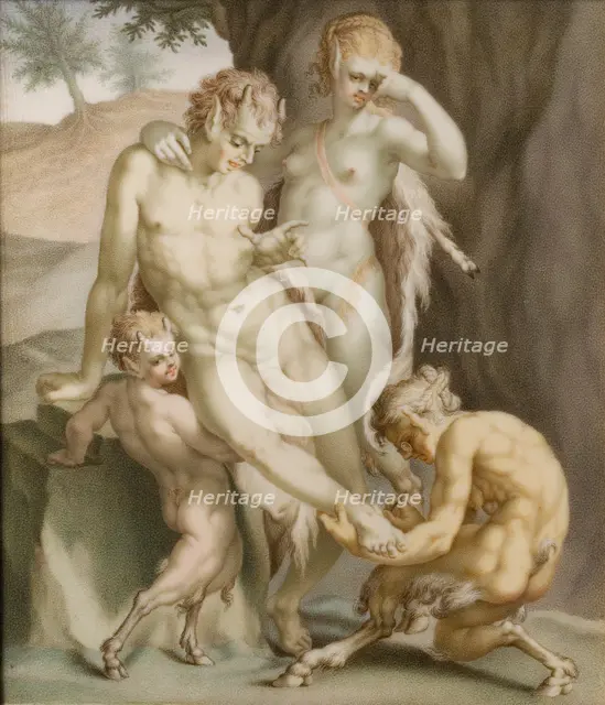 A satyr, a mean, and two fauns, busy pulling out a needle, 1713. Creator: Carl Gustav Klingstedt.