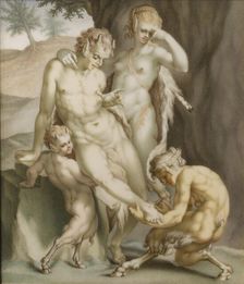 A satyr, a mean, and two fauns, busy pulling out a needle, 1713. Creator: Carl Gustav Klingstedt