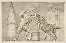 A satyr and a ram attacking each other, the satyr weilding a club with his right ha..., ca. 1515-27. Creator: Marco Dente
