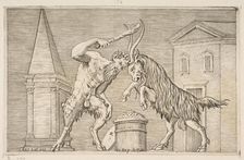A satyr and a ram attacking each other, the satyr weilding a club with his right ha..., ca. 1515-27. Creator: Marco Dente
