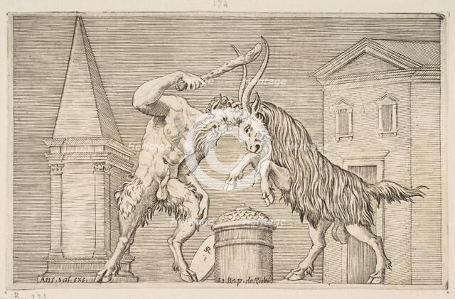 A satyr and a ram attacking each other, the satyr weilding a club with his right ha..., ca. 1515-27. Creator: Marco Dente.