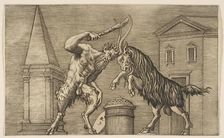 A satyr and a ram attacking each other, the satyr wielding a club with his right ha..., ca. 1515-27. Creator: Marco Dente