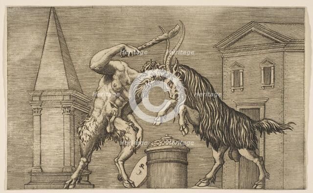 A satyr and a ram attacking each other, the satyr wielding a club with his right ha..., ca. 1515-27. Creator: Marco Dente.