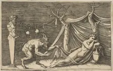 A satyr discovering a sleeping woman; two crabs hanging from a rope which is strung..., ca. 1515-27. Creator: Marco Dente