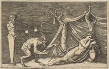 A satyr discovering a sleeping woman; two crabs hanging from a rope which is strung..., ca. 1515-27. Creator: Marco Dente