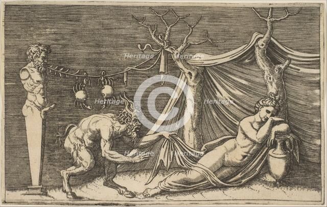 A satyr discovering a sleeping woman; two crabs hanging from a rope which is strung..., ca. 1515-27. Creator: Marco Dente.