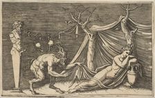 A satyr discovering a sleeping woman; two crabs hanging from a rope which is strung..., ca. 1515-27. Creator: Marco Dente
