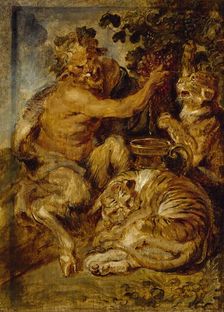 A Satyr pressing Grapes with a Tiger and Leopard, c1618