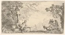 A satyr reclining at the foot of a staute of Priapus, goats at the right, ca. 1645-48. Creator: Giovanni Benedetto Castiglione