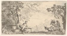 A satyr reclining at the foot of a staute of Priapus, goats at the right, ca. 1645-48. Creator: Giovanni Benedetto Castiglione