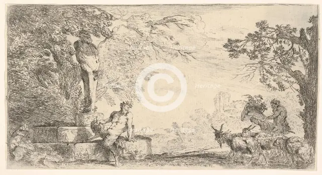 A satyr reclining at the foot of a staute of Priapus, goats at the right, ca. 1645-48. Creator: Giovanni Benedetto Castiglione.