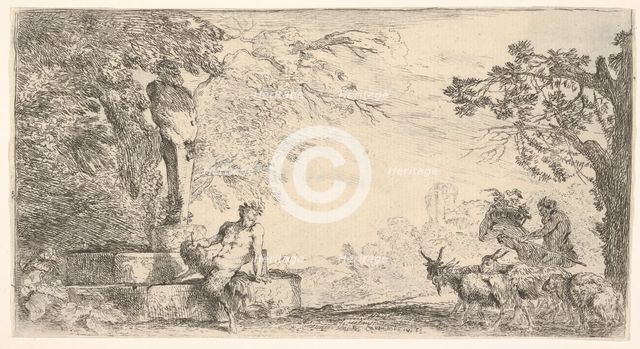 A satyr reclining at the foot of a staute of Priapus, goats at the right, ca. 1645-48. Creator: Giovanni Benedetto Castiglione.
