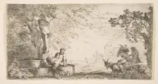 A satyr reclining at the foot of a staute of Priapus, goats at the right, ca. 1645-48. Creator: Giovanni Benedetto Castiglione