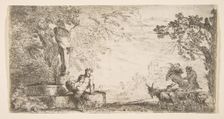 A satyr reclining at the foot of a staute of Priapus, goats at the right, ca. 1645-48. Creator: Giovanni Benedetto Castiglione